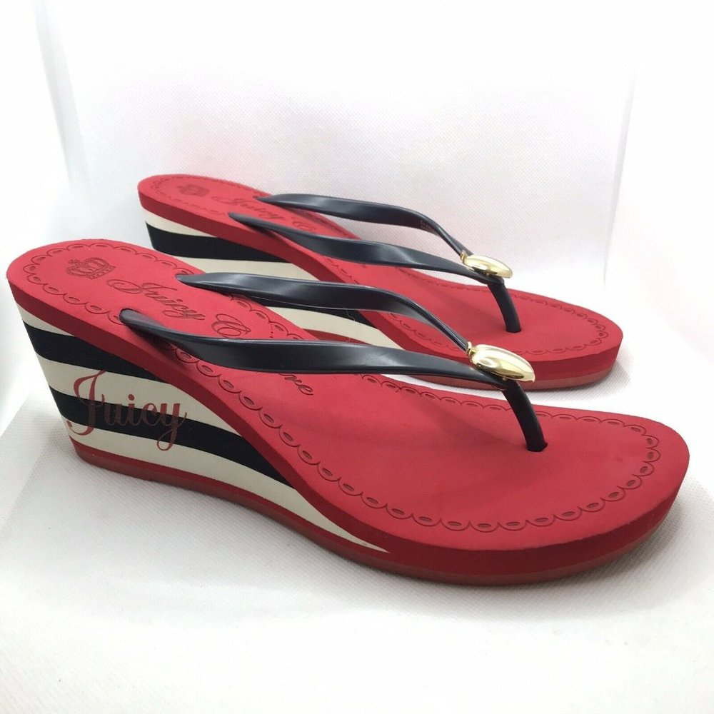 Juicy Couture Womens Size 9 M Blue Red White Striped Wedge Flip-Flop Sandals